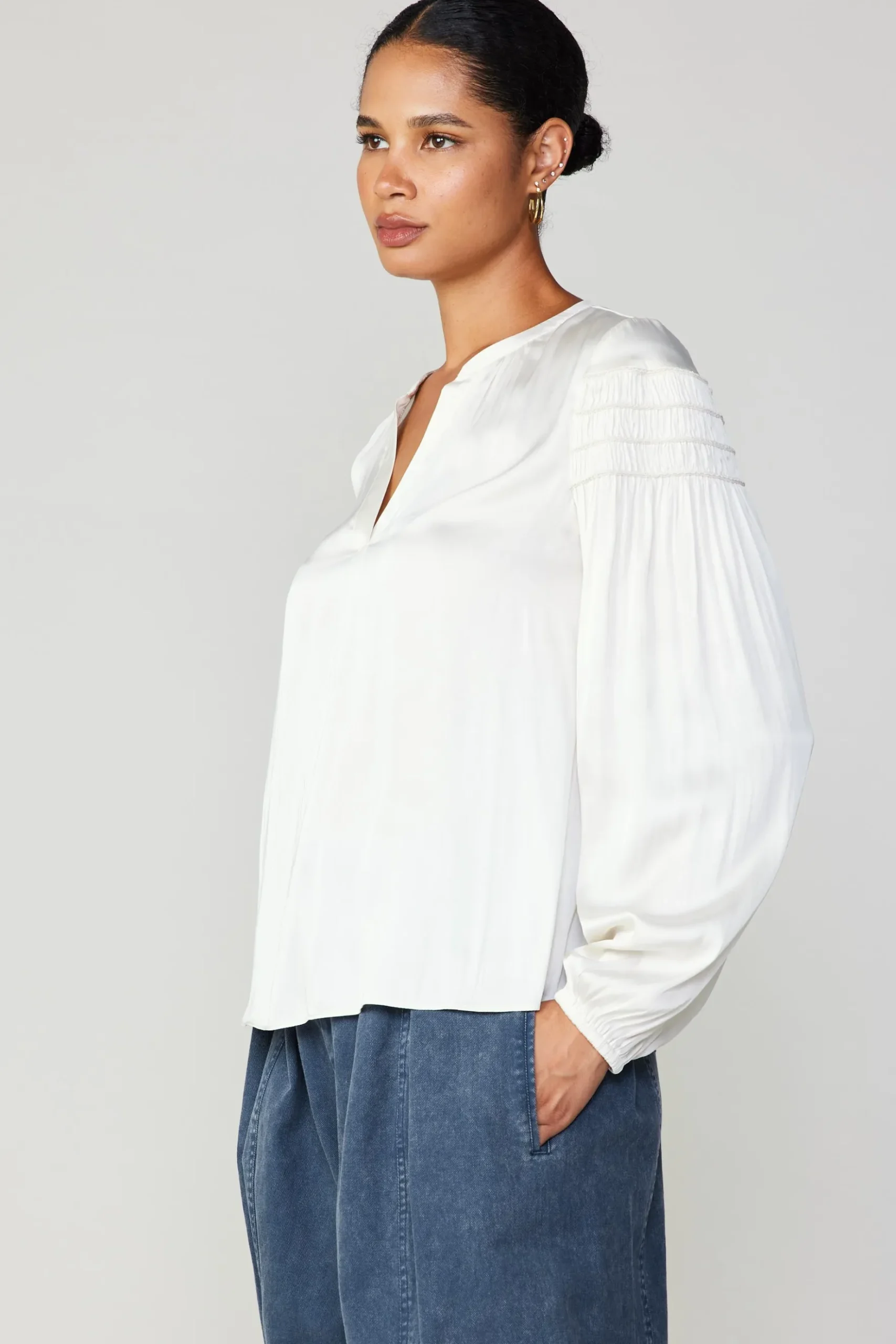 Current Air Smocked Sleeve Blouse ECRU Hot
