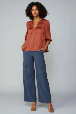 Current Air Smocked Split Neck Blouse ROSEWOOD Discount