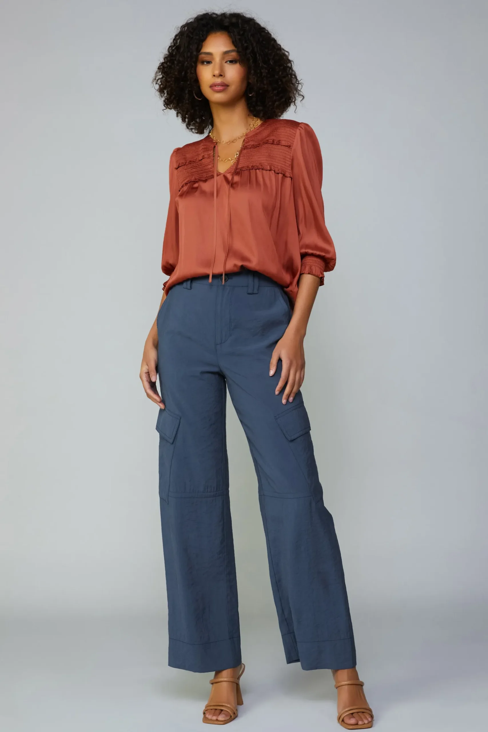 Current Air Smocked Split Neck Blouse ROSEWOOD Discount