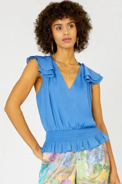 Current Air Smocked Waist Cap Sleeve Top FADEDBLUE Outlet