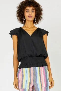 Current Air Smocked Waist Cap Sleeve Top BLACK Hot