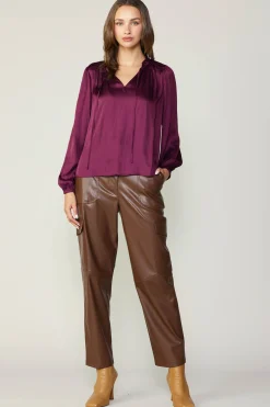 Current Air Smocked Yoke Blouse WINE Hot