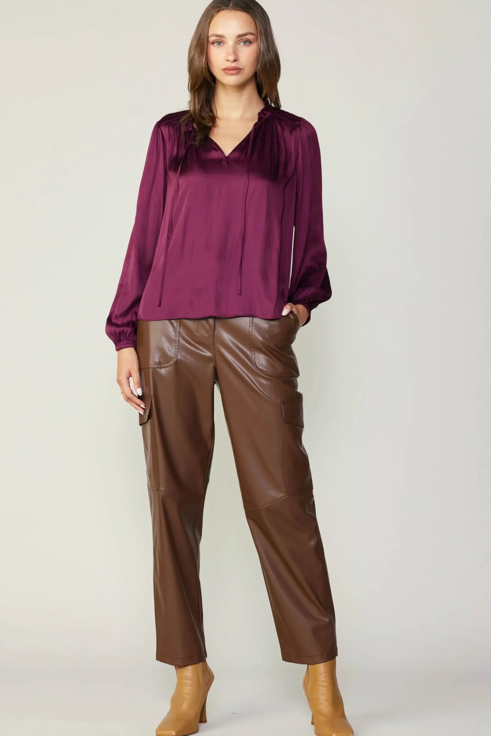 Current Air Smocked Yoke Blouse WINE Hot