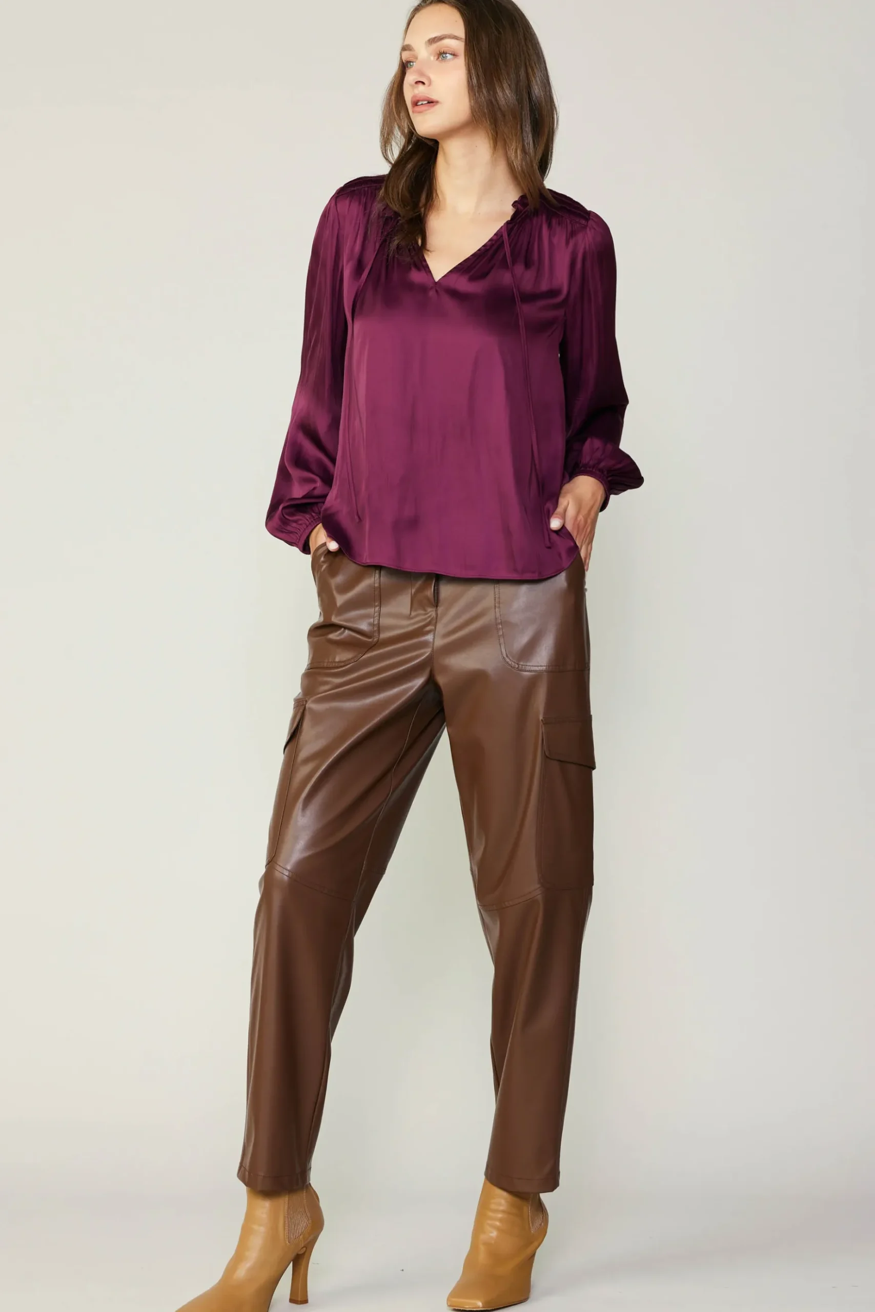 Current Air Smocked Yoke Blouse WINE Hot