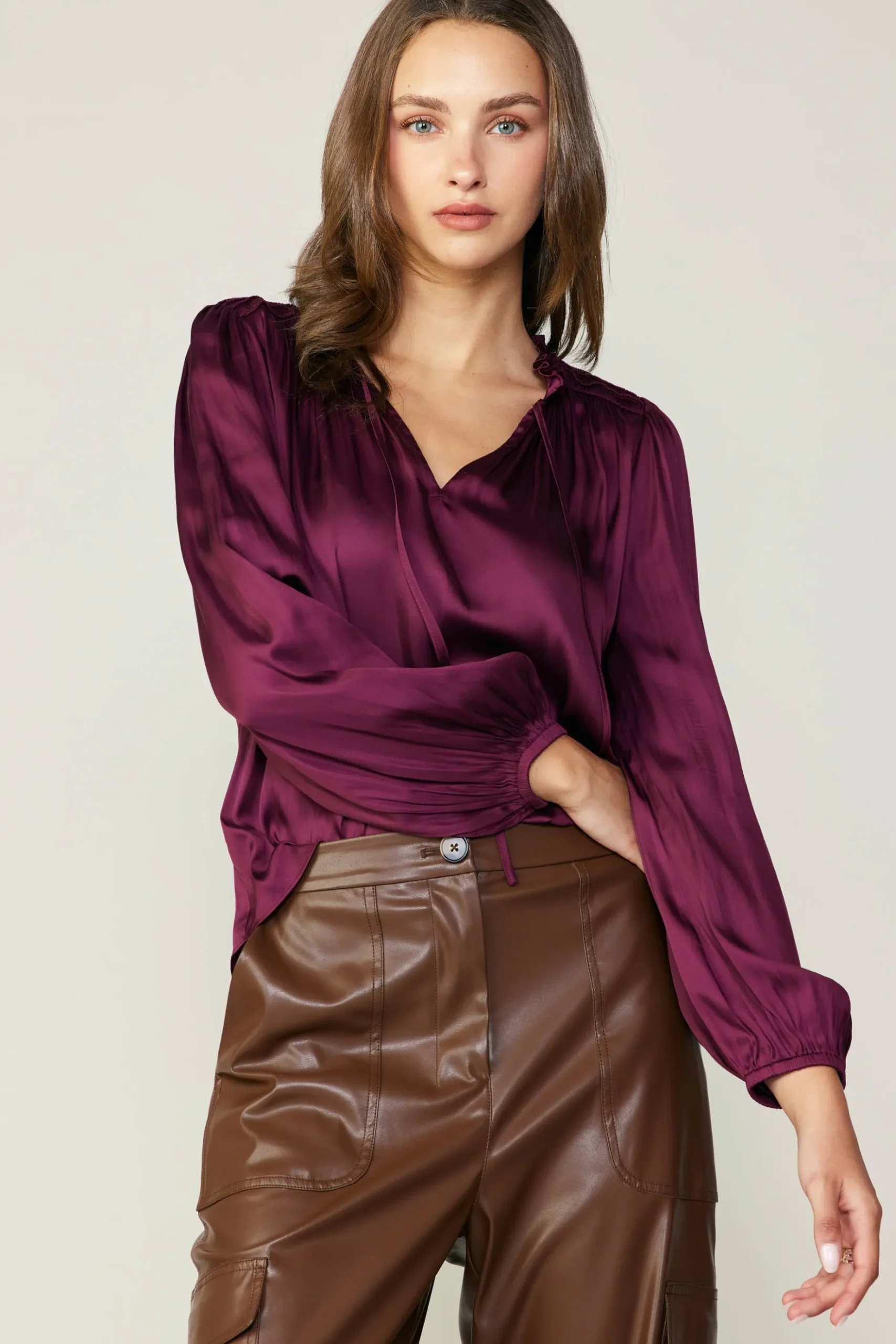 Current Air Smocked Yoke Blouse WINE Hot