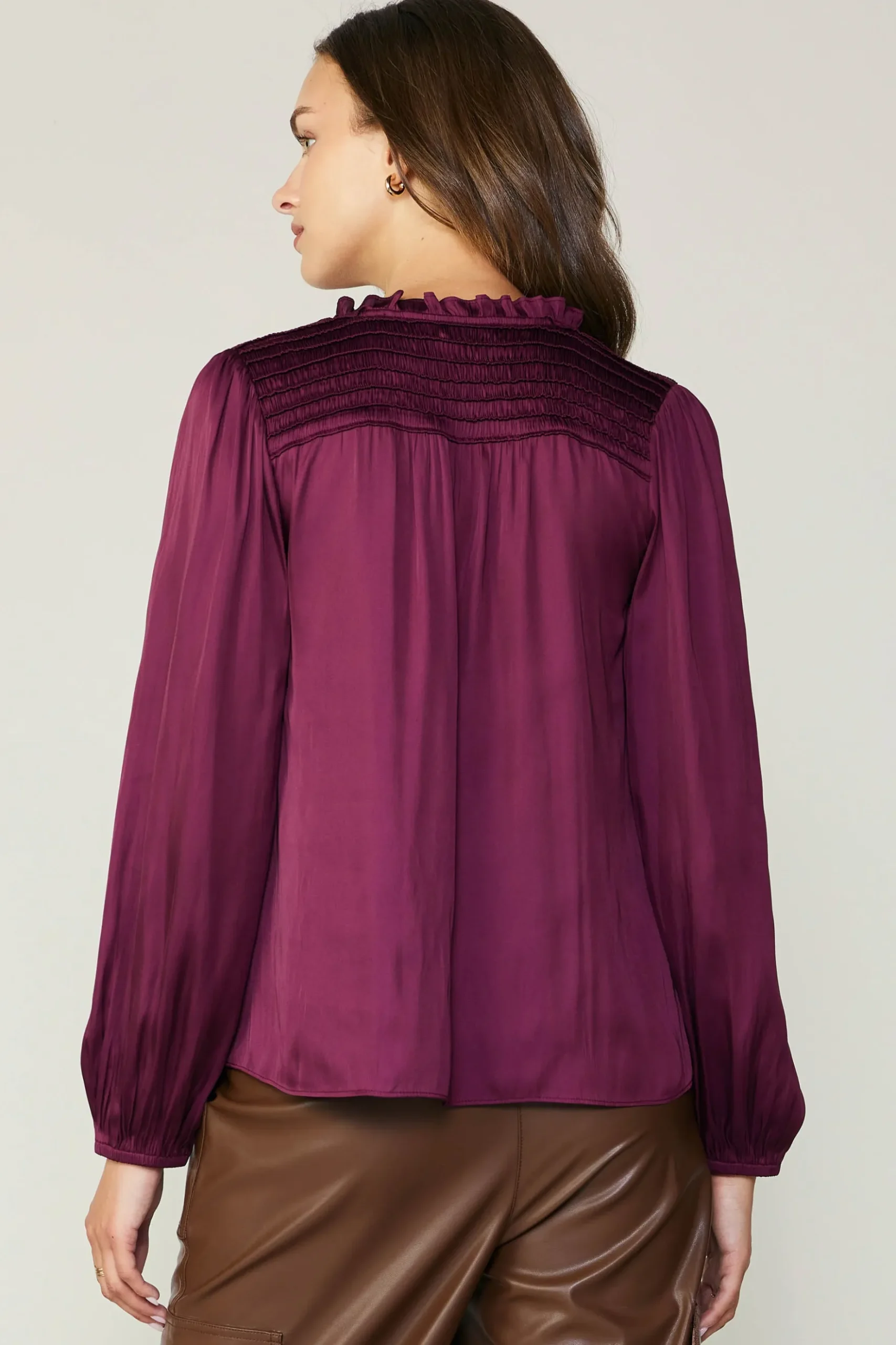 Current Air Smocked Yoke Blouse WINE Hot