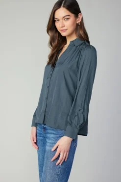 Current Air Split Neck Buttoned Shirt FORESTGREEN Best