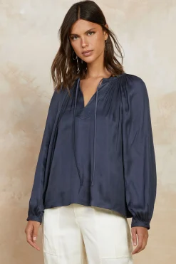 Current Air Split Neck Long Sleeve Top CHARCOAL New