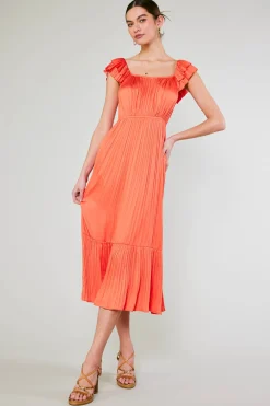 Current Air Square Neck Flutter Sleeve Midi Dress ORANGERED Outlet