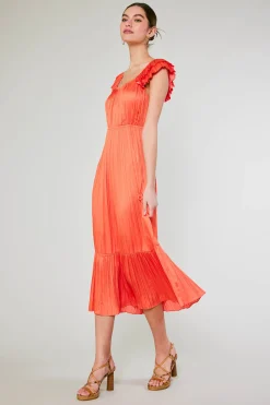 Current Air Square Neck Flutter Sleeve Midi Dress ORANGERED Outlet