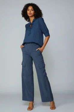 Current Air Striped Structured Sleeve Blouse NAVY Outlet