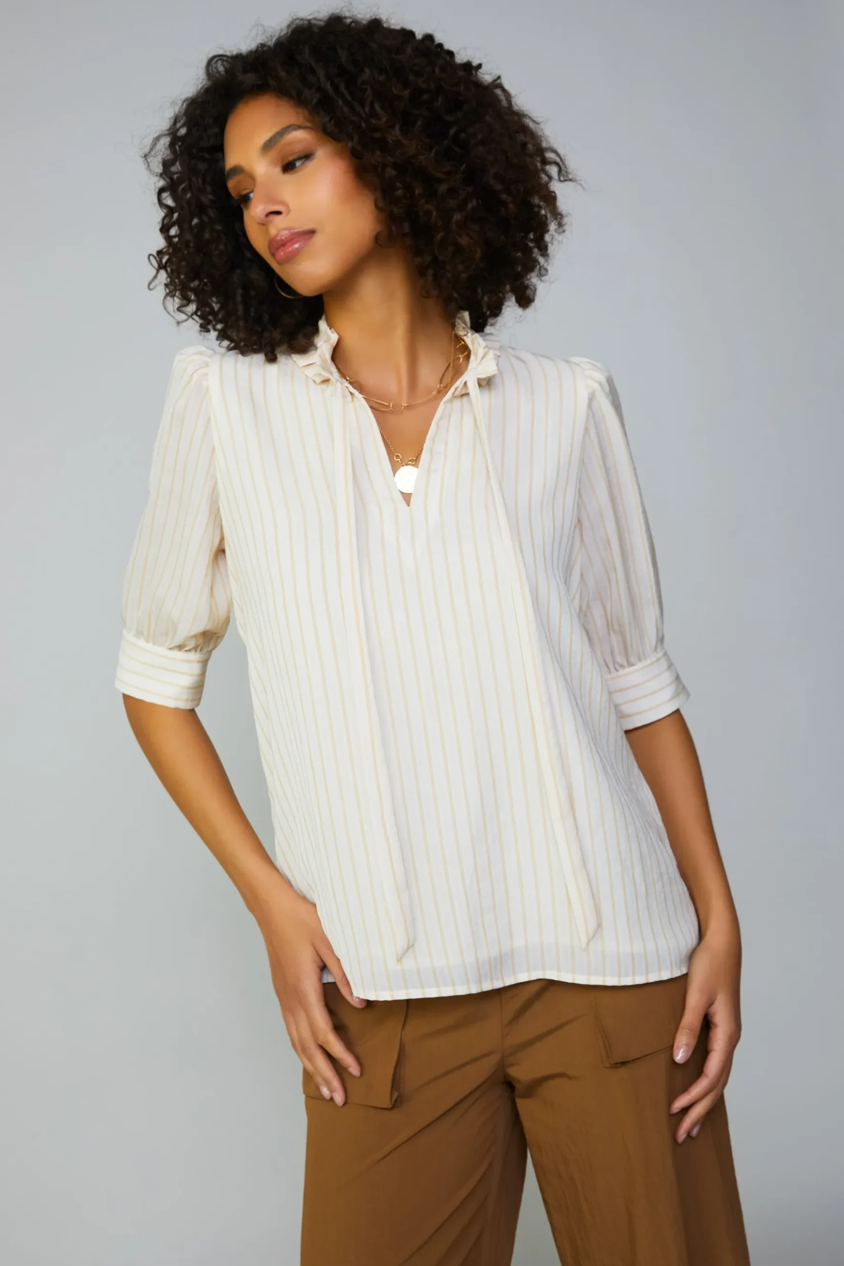 Current Air Striped Structured Sleeve Blouse NATURALSTRIPE Outlet
