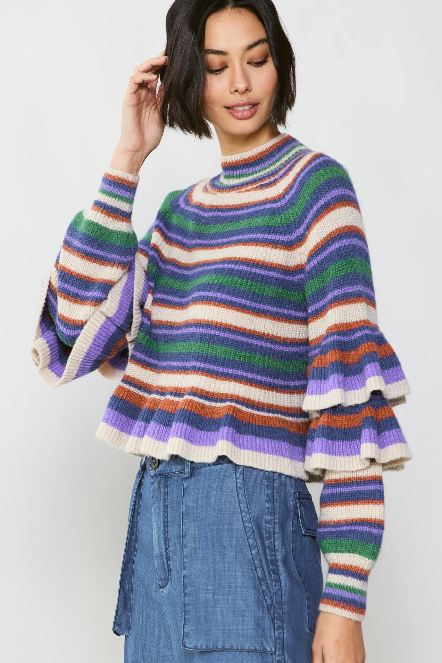 Current Air Striped Tiered Sleeve Sweater PURPLEGREEN New