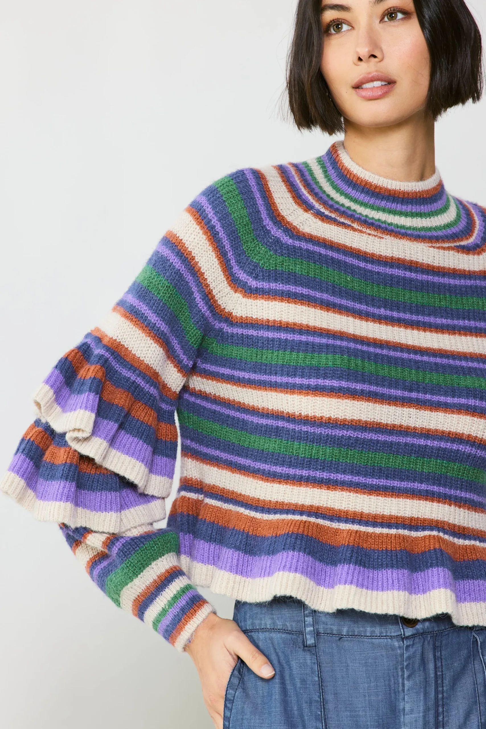 Current Air Striped Tiered Sleeve Sweater PURPLEGREEN New