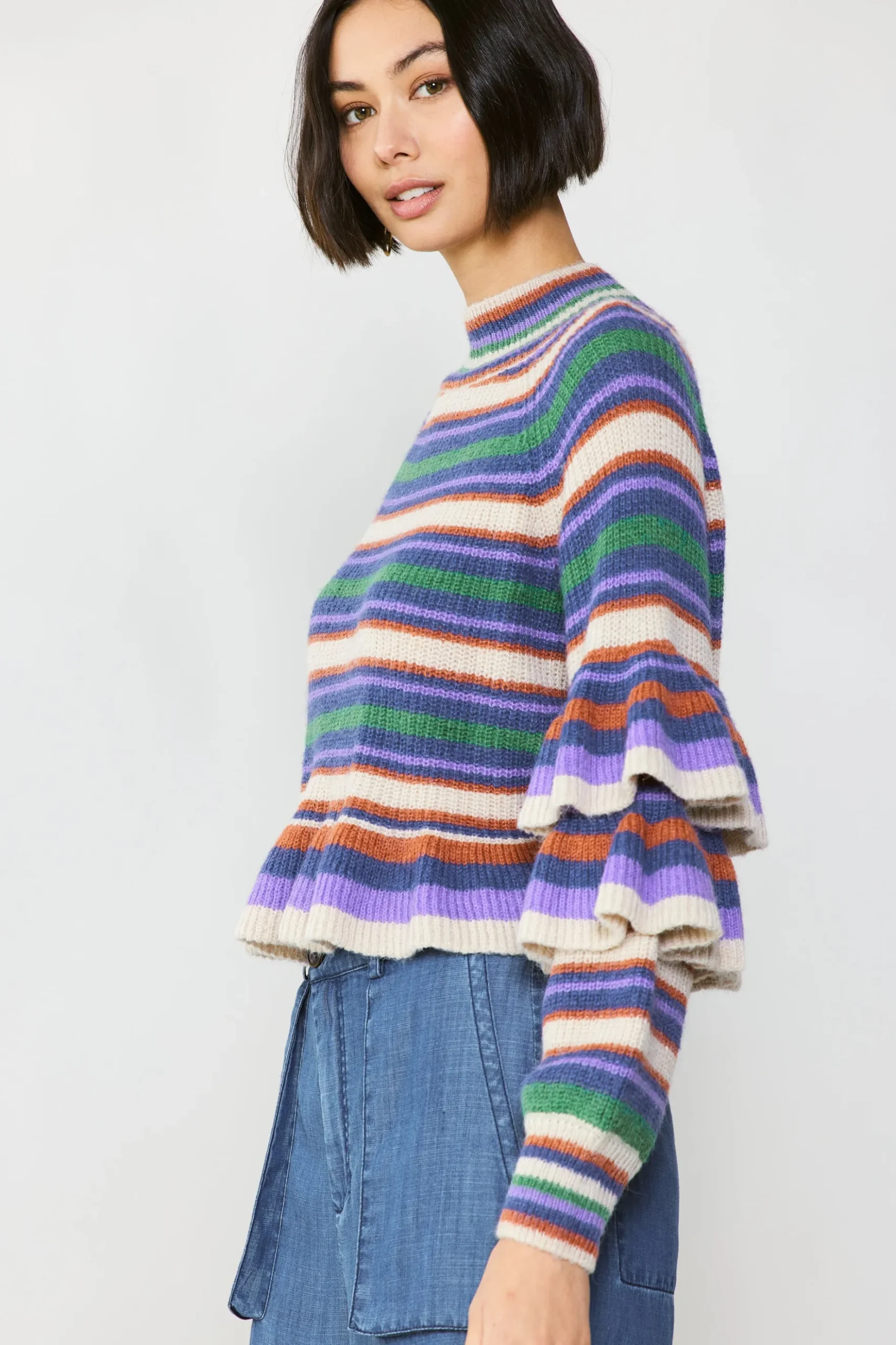Current Air Striped Tiered Sleeve Sweater PURPLEGREEN New