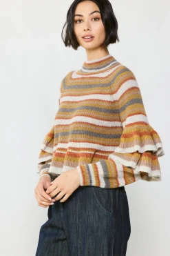 Current Air Striped Tiered Sleeve Sweater MUSTARDMLT Sale