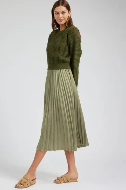 Current Air Sweater & Pleated Dress Set OLIVE Discount