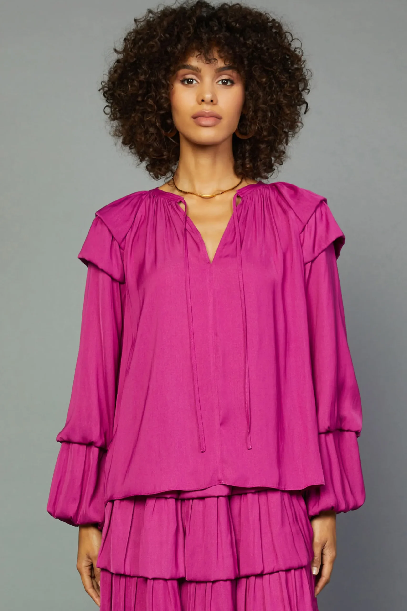 Current Air Tiered Bubble Sleeve Blouse FUCHSIA Best