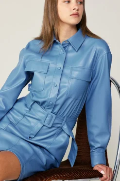 Current Air Vegan Leather Belted Shirt Dress TRANQUILBLUE New