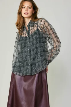 Current Air Windowpane Plaid Sheer Blouse BLACK Online