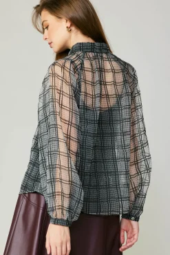 Current Air Windowpane Plaid Sheer Blouse BLACK Online