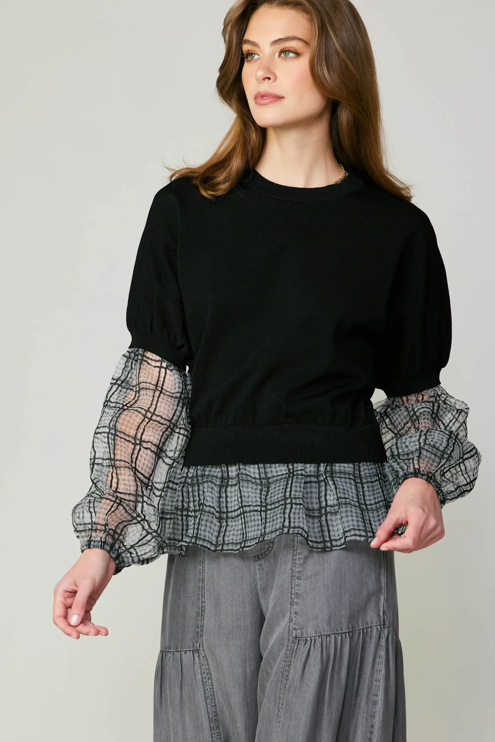 Current Air Windowpane Plaid Sweater Top BLACK Best