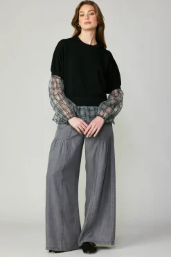 Current Air Windowpane Plaid Sweater Top BLACK Best