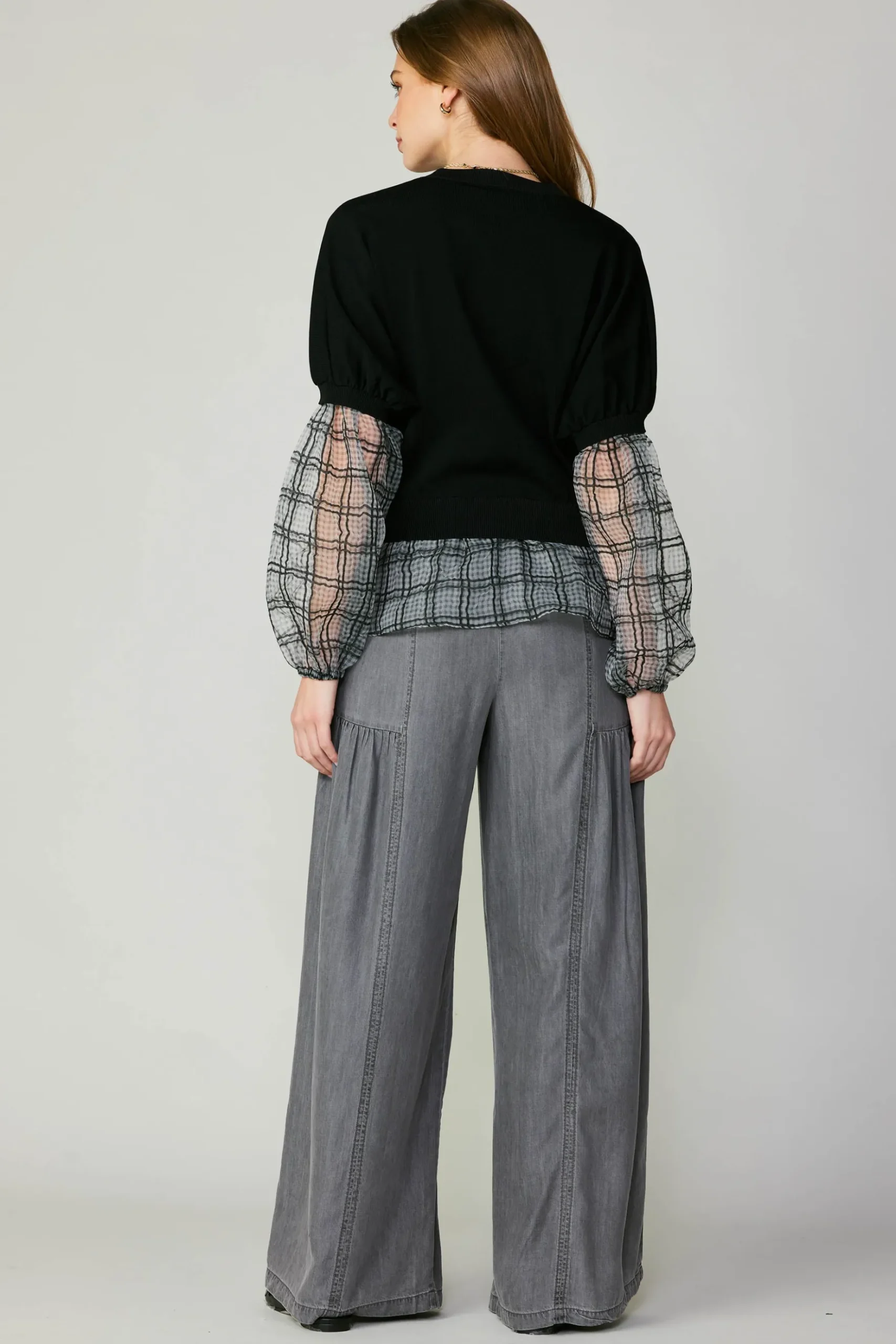 Current Air Windowpane Plaid Sweater Top BLACK Best